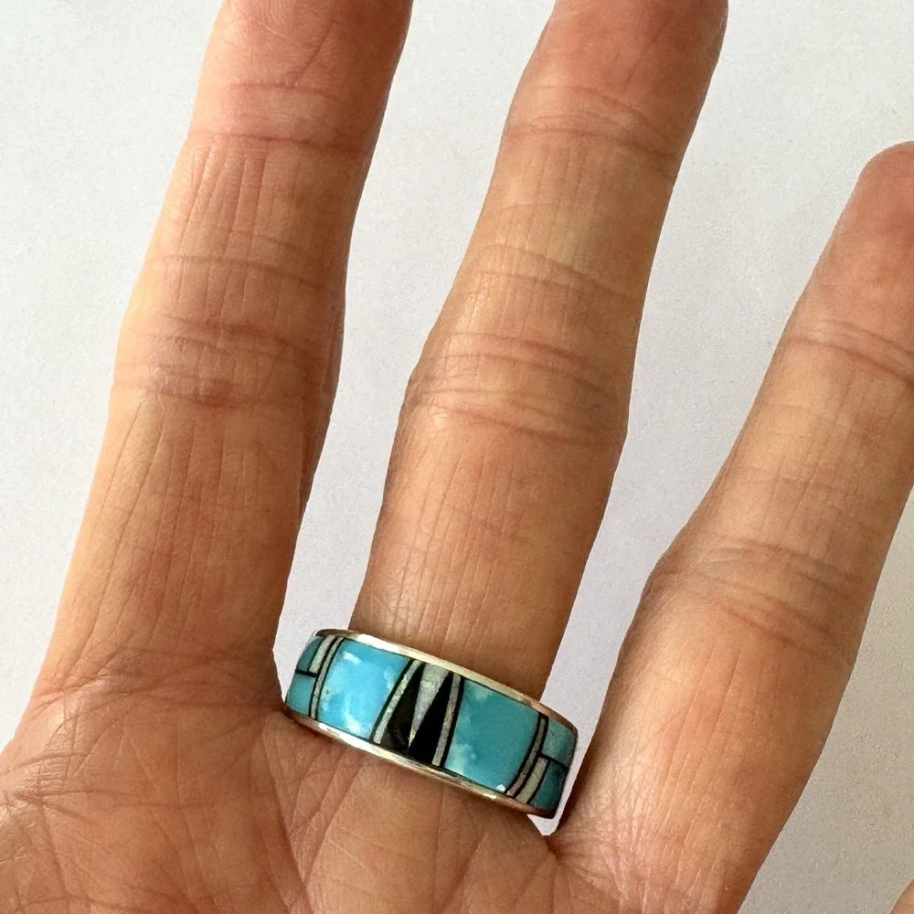 Mens Navajo Wedding Band Sz 10.25‎ Turquoise Opal Inlay 9mm Ring Unsigned Tolino